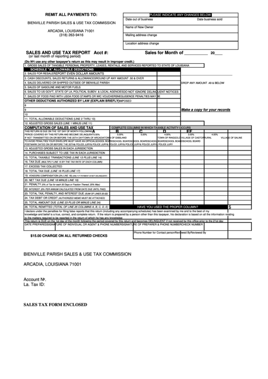 Sales And Use Tax Report Form - Bienville Parish