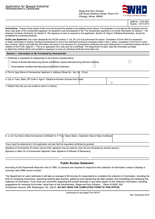 Fillable Form Wh-2 - Application For Special Industrial U.s. Department Of Labor Homeworker