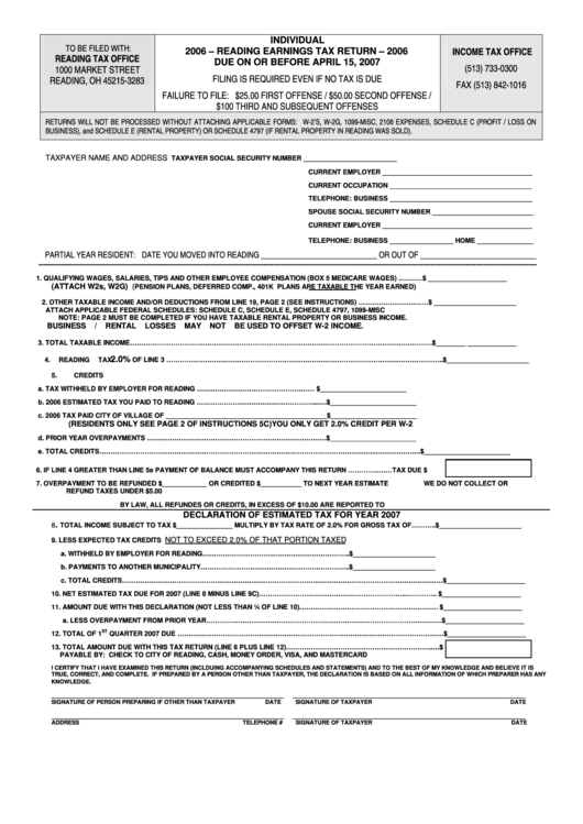 Individual Reading Earnings Tax Return - 2006 Printable pdf