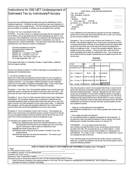 Instructions For 500 Uet - Underpayment Of Estimated Tax By Individuals/fiduciary Printable pdf