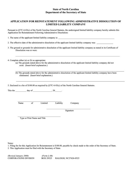 Fillable Form L-08 - Application For Reinstatement Following Administrative Dissolution Of Limited Liability Company Printable pdf