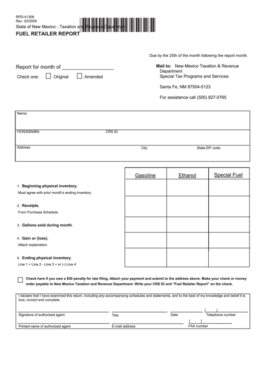 Form Rpd-41308 - Fuel Retailer Report Printable pdf