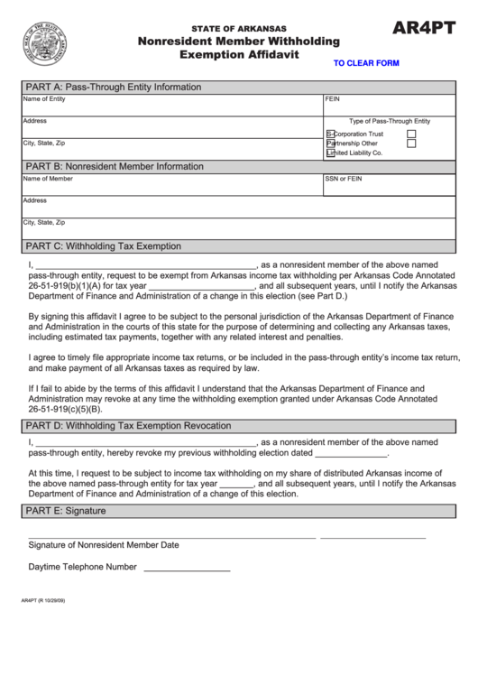 Fillable Form Ar4pt - Nonresident Member Withholding Exemption Affidavit 2009 Printable pdf
