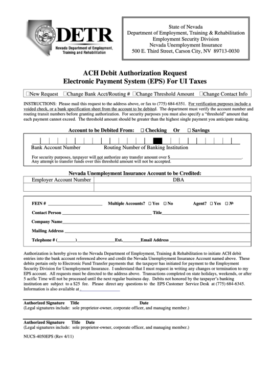 Form Nucs-4050eps - Ach Debit Authorization Request - Electronic Payment System (Eps) For Ui Taxes Printable pdf