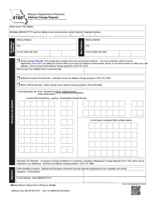 Fillable Form 4160 - Address Change Request Printable pdf