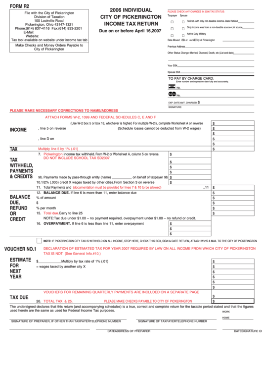 Form R2 2006 Individual City Of Pickerington Tax Return