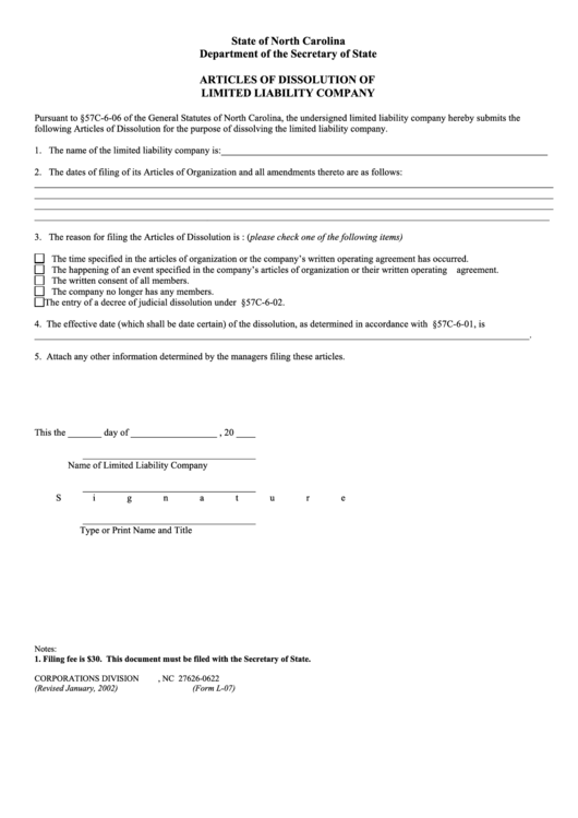 Fillable Form L-07 - Articles Of Dissolution Of Limited Liability Company - North Carolina Secretary Of State - Lined Printable pdf