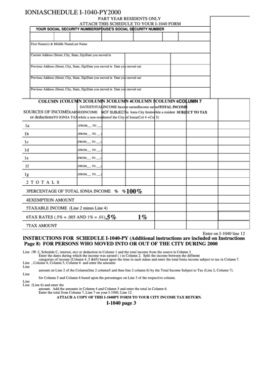 Schedule I-1040-Py - Individual Income Tax - City Of Ionia, 2000 Printable pdf