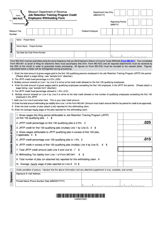 Fillable Form Mo-Rjc - Job Retention Training Program Credit Employers Withholding Form Printable pdf