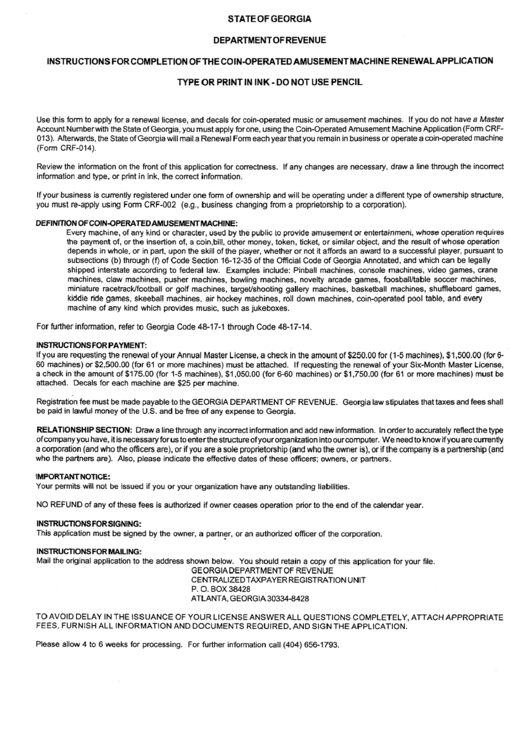 Instructions For Completion Ofthe Coin-Operated Amusement Machine Ren Ewal Application - State Of Georgia Departmentofrevenue Printable pdf