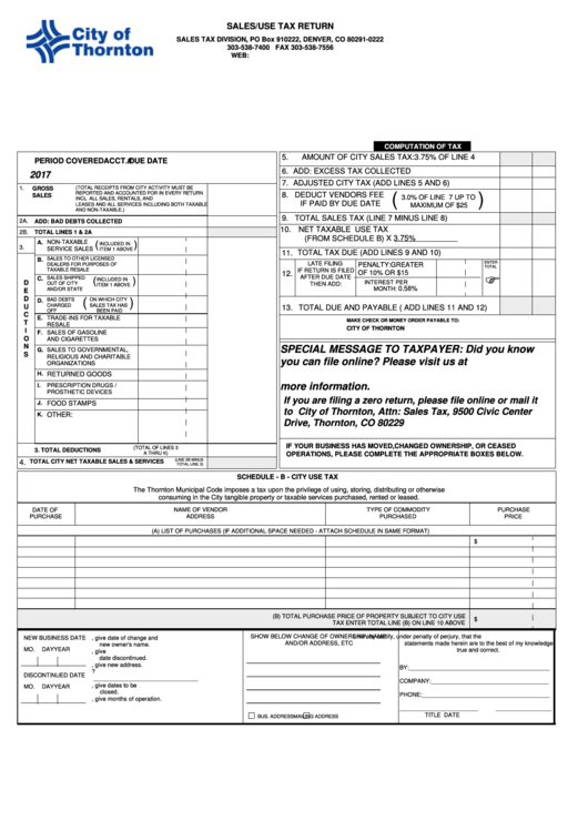 Sales/use Tax Return Form - City Of Thornton - 2017 printable pdf download