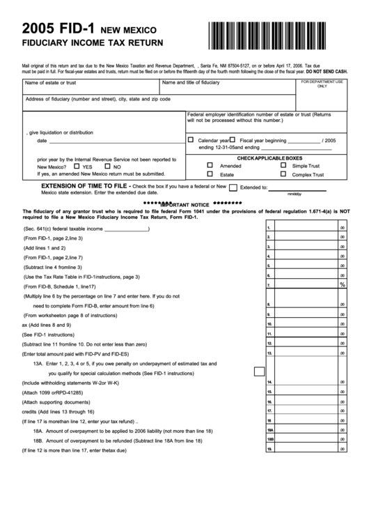 Form Fid-1 - New Mexico Fiduciary Income Tax Return - 2005 Printable pdf