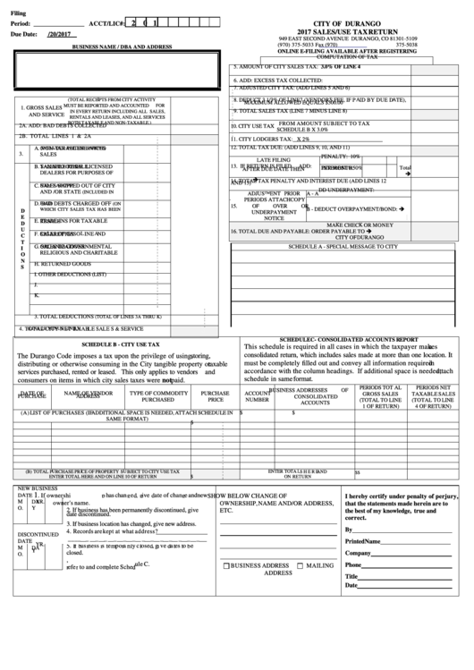 Sales/use Tax Return - City Of Durango - 2017 Printable pdf