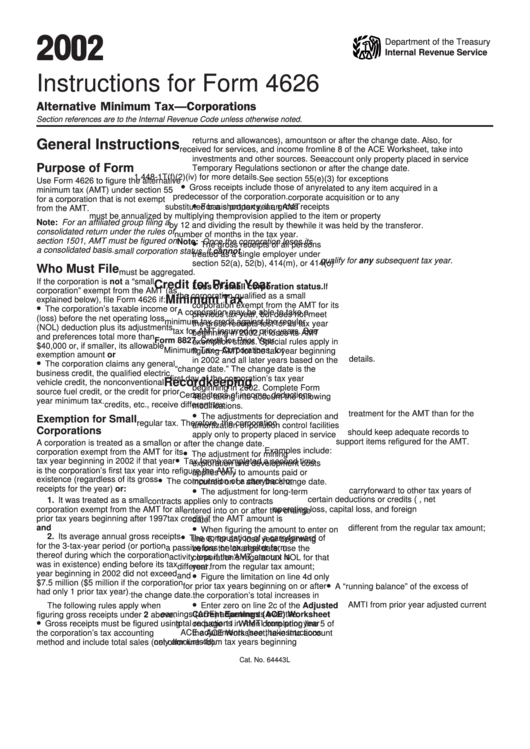 Instructions For Form 4626 - Alternative Minimum Tax-Corporations - 2002 Printable pdf
