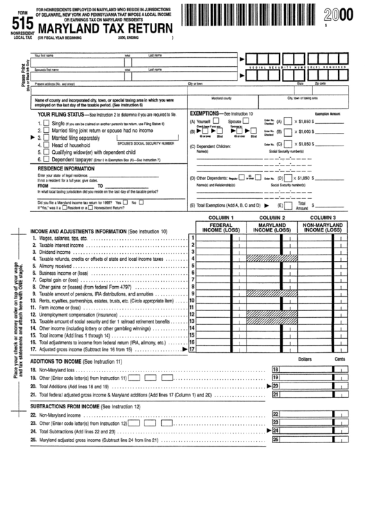 Form 515 - Tax Return - Nonresident Local Tax Printable pdf
