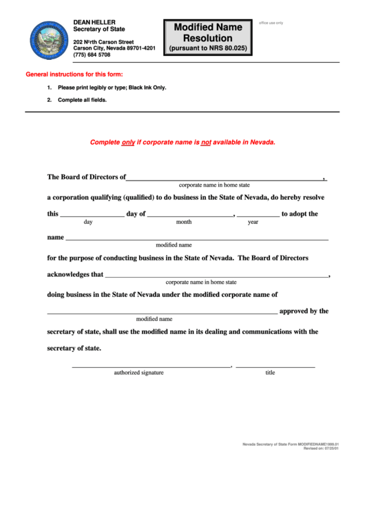 Modified Name Resolution Form - Nevada Secretary Of State Printable pdf