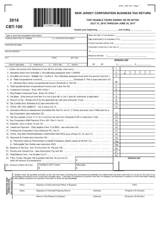 Fillable Form Cbt-100 - New Jersey Corporation Business Tax Return - 2016 Printable pdf