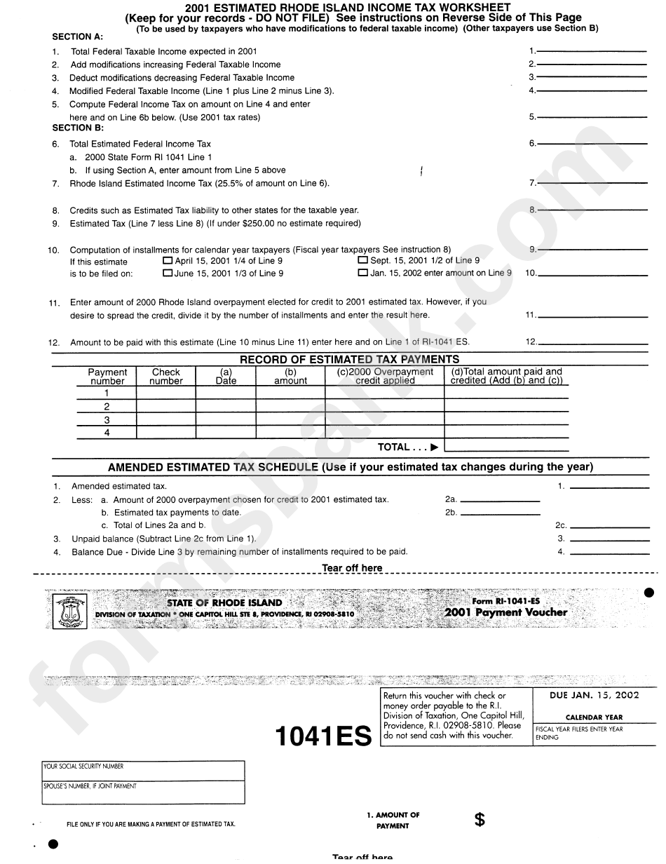 Form Ri-1041es - Income Tax Worksheet - Rhode Island, 2001