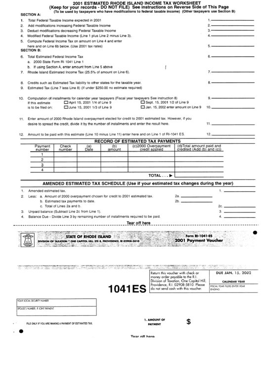 Form Ri-1041es - Income Tax Worksheet - Rhode Island, 2001 Printable pdf