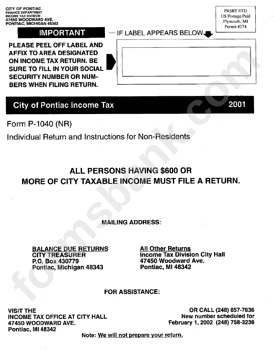 City Of Pontiac Income Tax - 2001