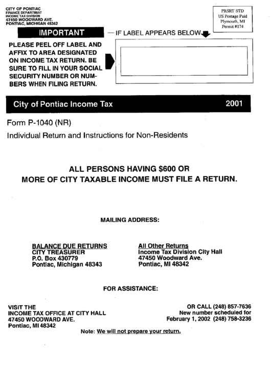 City Of Pontiac Income Tax - 2001 Printable pdf