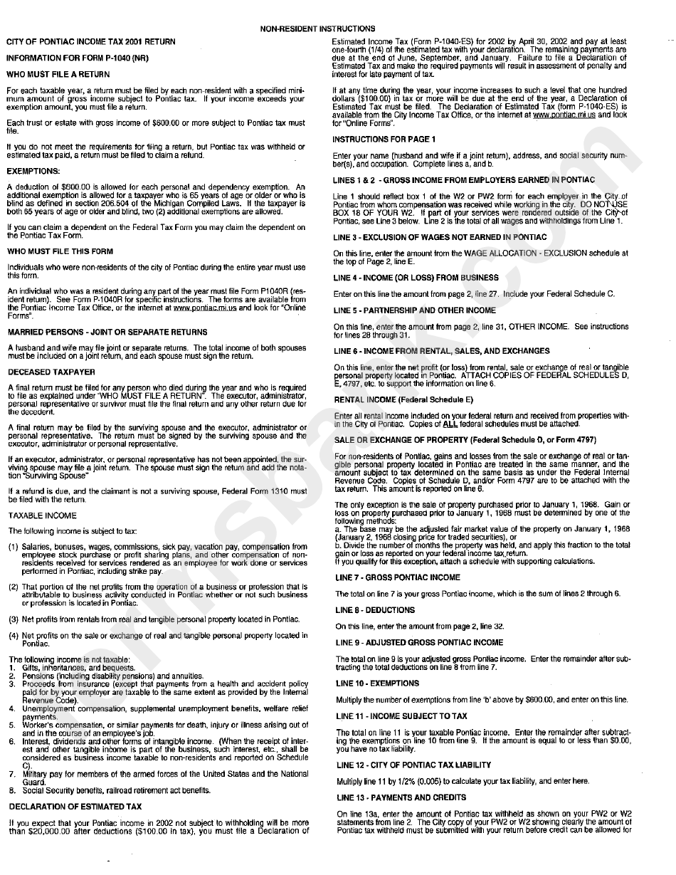 City Of Pontiac Income Tax - 2001