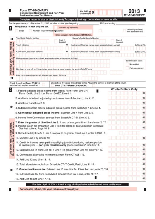 Form Ct-1040nr/py - Connecticut Nonresident And Part-Year Resident Income Tax Return - 2013 Printable pdf