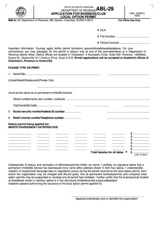 Form Abl-29 - Application For Business/club Local Option Permit Printable pdf