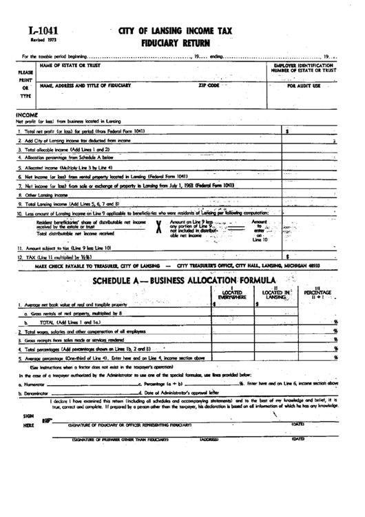 Form L-1041 - Fiduciary Return - City Of Lansing Printable pdf