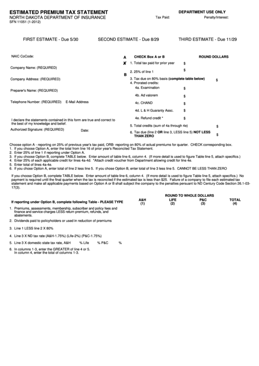 Fillable Form Sfn 11051 - Estimated Premium Tax Statement Printable pdf