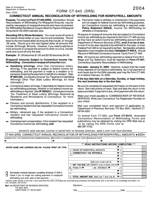 Form Ct945 (Drs) Connecticut Annual Reconciliation Of Withholding