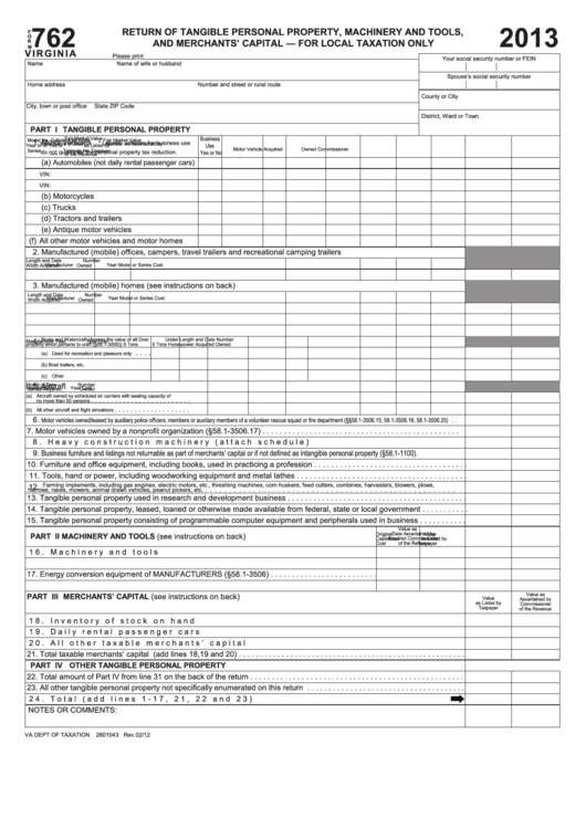 Fillable Virginia Form 762 - Return Of Tangible Personal Property ...