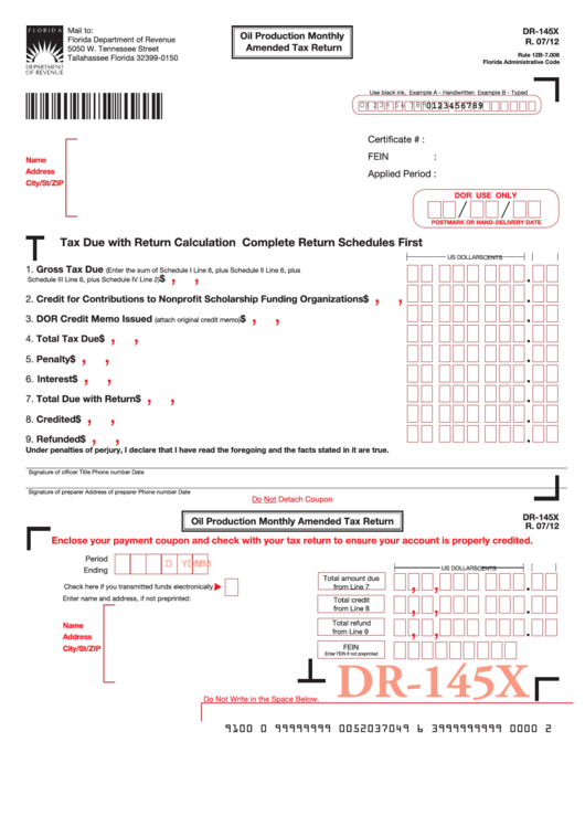Form Dr-145x - Oil Production Monthly Amended Tax Return (2012) Printable pdf