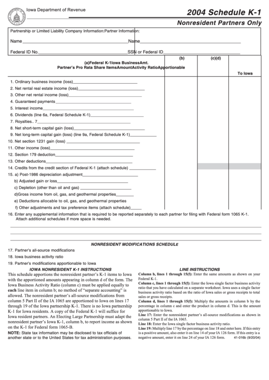 Form Ia 1065 - Schedule K-1 - Nonresident Partners Only - 2004 Printable pdf