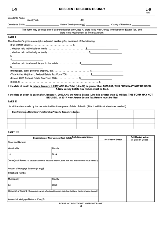 Fillable Form L-9 - Affidavit Requesting Real Property Tax Waiver(S) For A Resident Decedent - 2017 Printable pdf