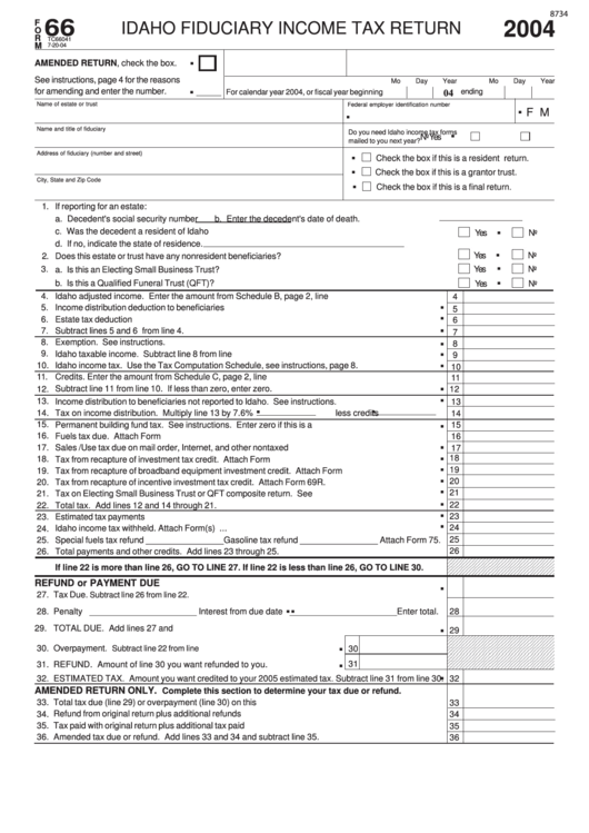 Fillable Form 66 - Idaho Fiduciary Income Tax Return - 2004 Printable pdf