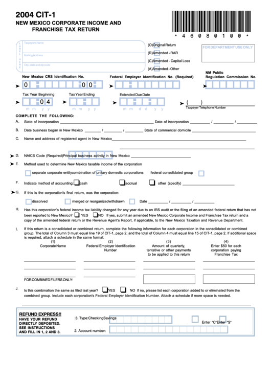 Form Cit-1 - New Mexico Corporate Income And Franchise Tax Return - 2004 Printable pdf