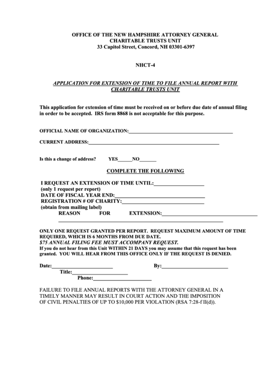 Form Nhct-4 - Application For Extension Of Time To File Annual Report With Charitable Trusts Unit Printable pdf