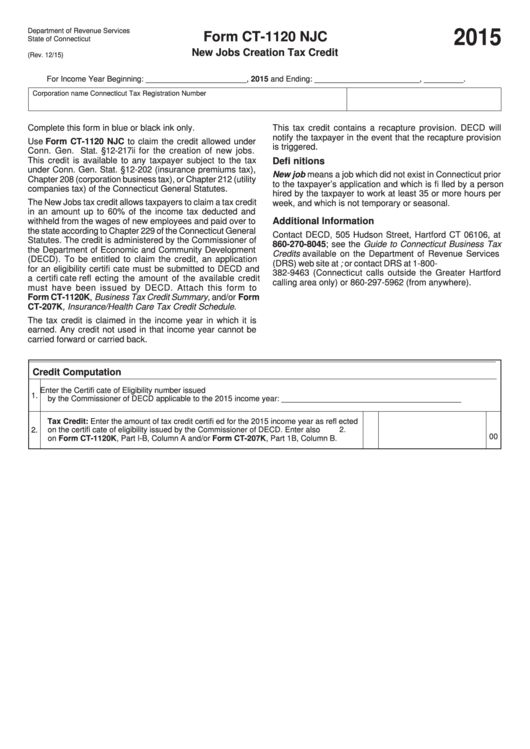 Form Ct-1120 Njc - New Jobs Creation Tax Credit - 2015 Printable pdf