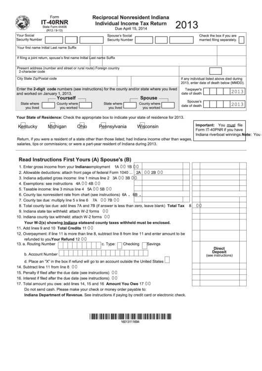 Fillable Form It-40rnr - Reciprocal Nonresident Indiana Individual Income Tax Return - 2013 Printable pdf
