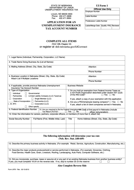 Ui Form 1 - Application For An Unemployment Insurance Tax Account Number