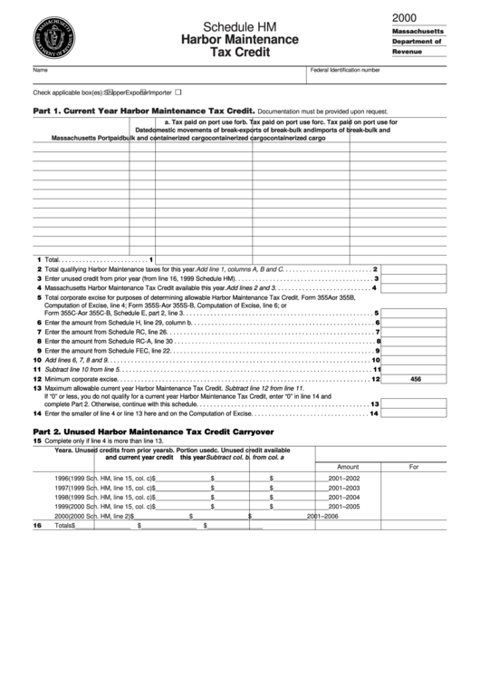 Schedule Hm - Harbor Maintenance Tax Credit Form - State Of Massachusetts - 2000 Printable pdf