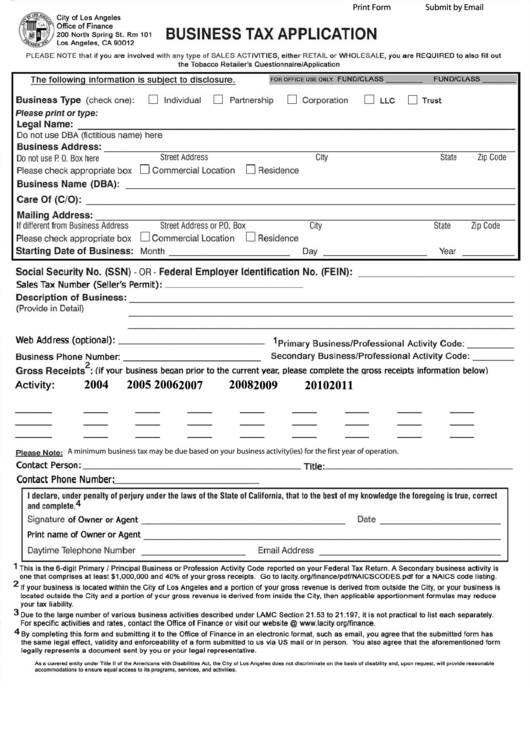 Fillable Business Tax Application - City Of Los Angeles Printable pdf