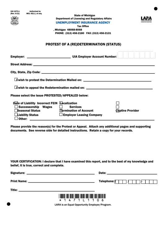 Fillable Form Uia 1471-L - Protest Of A (Re)determination (Status) Printable pdf