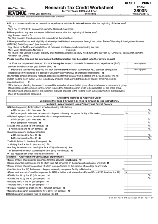 Fillable Form 3800n - Research Tax Credit Worksheet 2009 Printable pdf