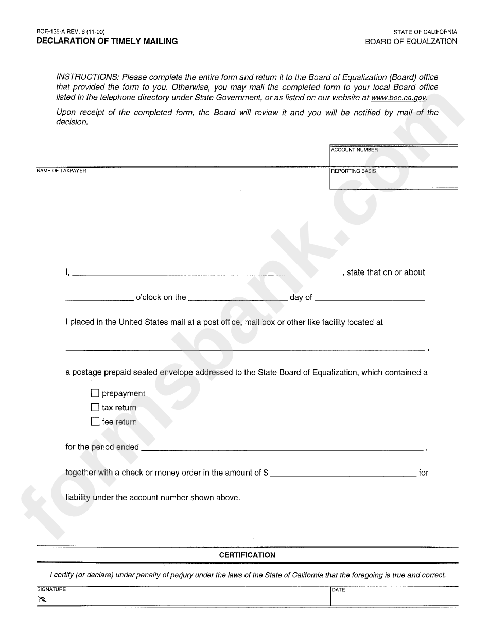 Form Boe-135-A - Declaration Of Timely Mailing