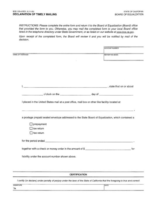 Form Boe-135-A - Declaration Of Timely Mailing Printable pdf