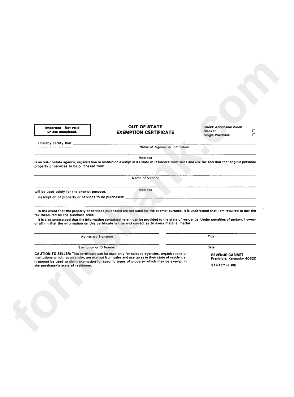 Form 51a127 - Out-Of-State Exemption Certificate