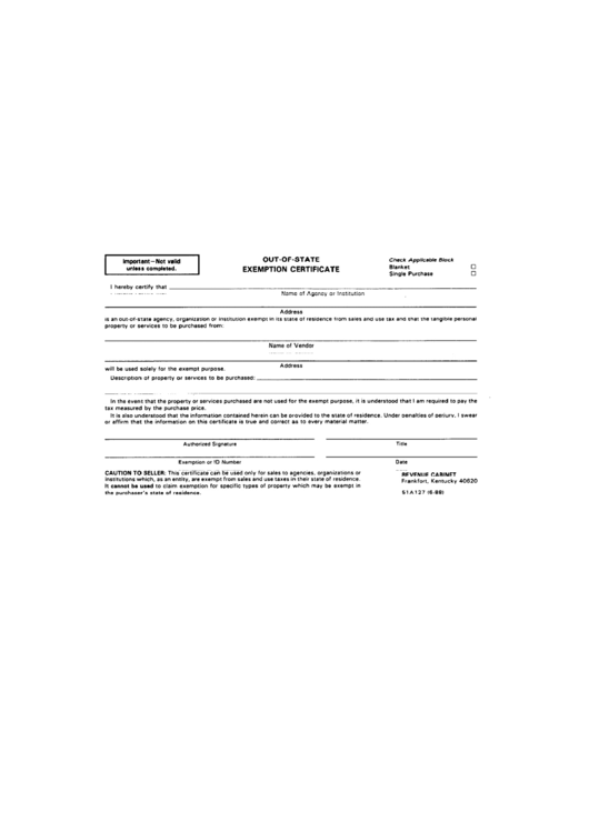 Fillable Form 51a127 - Out-Of-State Exemption Certificate Printable pdf