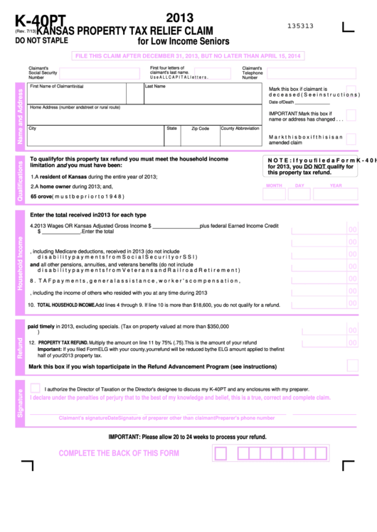 Fillable Form K-40pt - Kansas Property Tax Relief Claim For Low Income Seniors 2013 Printable pdf
